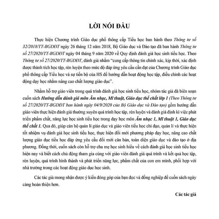 Hướng Dẫn Đánh Giá Lớp 1 - Môn Âm Nhạc, Mĩ Thuật, Giáo Dục Thể Chất - Ảnh 1